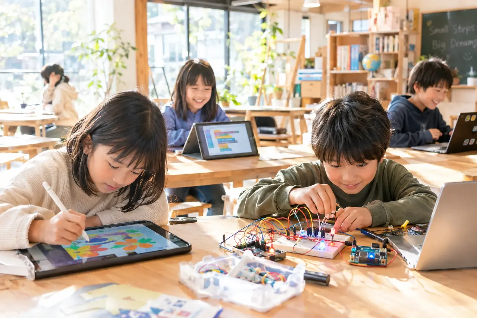 タブレットや電子工作に取り組む子どもたち