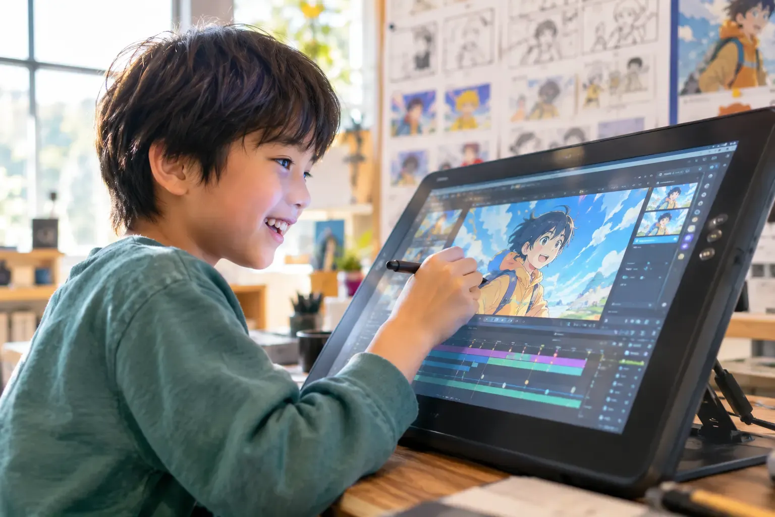 液晶タブレットでイラストを描く子ども
